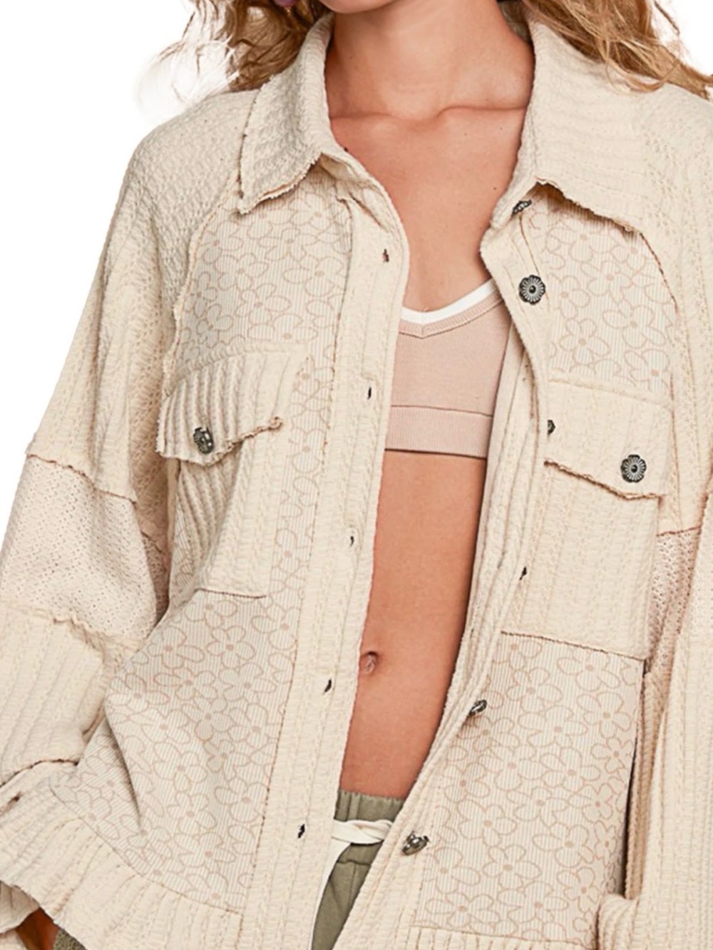 POL Vanilla Cream Floral Contrast Jacquard Sleeve Utility Shacket Small